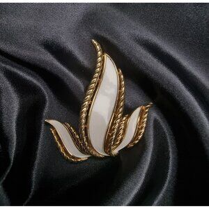 Vintage Trifari 1960s Gold-Tone & White Enamel Flame Brooch
